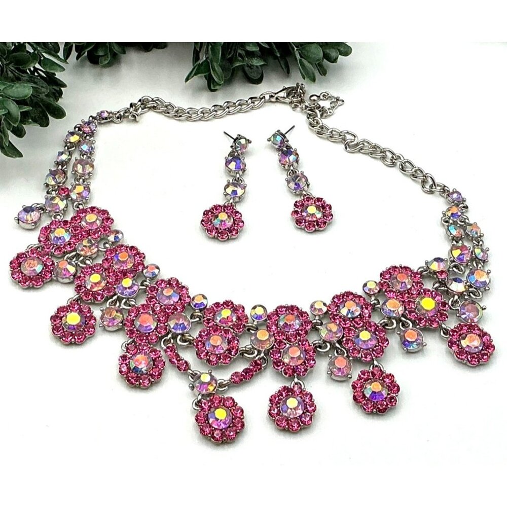 Pink Rhinestone Statement Necklace & Dangle Earrings Set